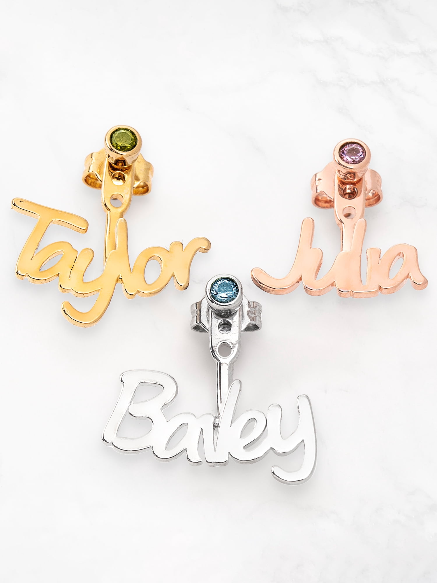 Personalized Planet Name and Birthstone Front/ Back Earrings ,Women's