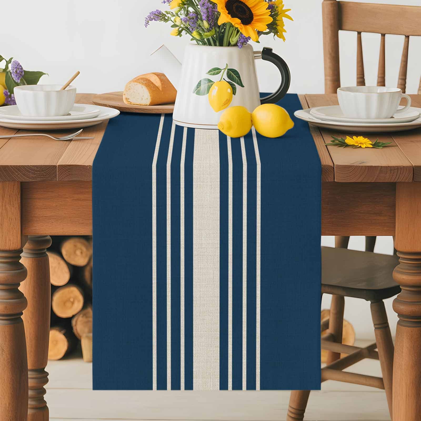 Vintage Linen Stripe on Blue Table Runner 90 Inches Long, Modern Minimalist Art Table Runners Tabletop Scarf Kitchen Dining Tables Decoration for Home Party Indoor Outdoor