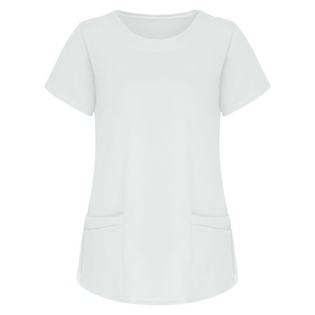 

purcolt Plus Size Scrubs Tops for Women Professional Medical Workwear Casual Short Sleeve Round Neck Nursing Uniform Comfort Solid Color Tunic T-Shirts Relaxed Fit Lightweight Blouse with 4 Pockets