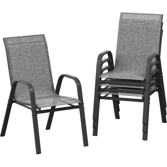 Patio Chairs Set of 4, Outdoor Stackable Dining Chairs with Textilene Fabric, All-Weather Deck Stacking Chairs with High Back for Backyard Poolside Garden Balcony, Grey