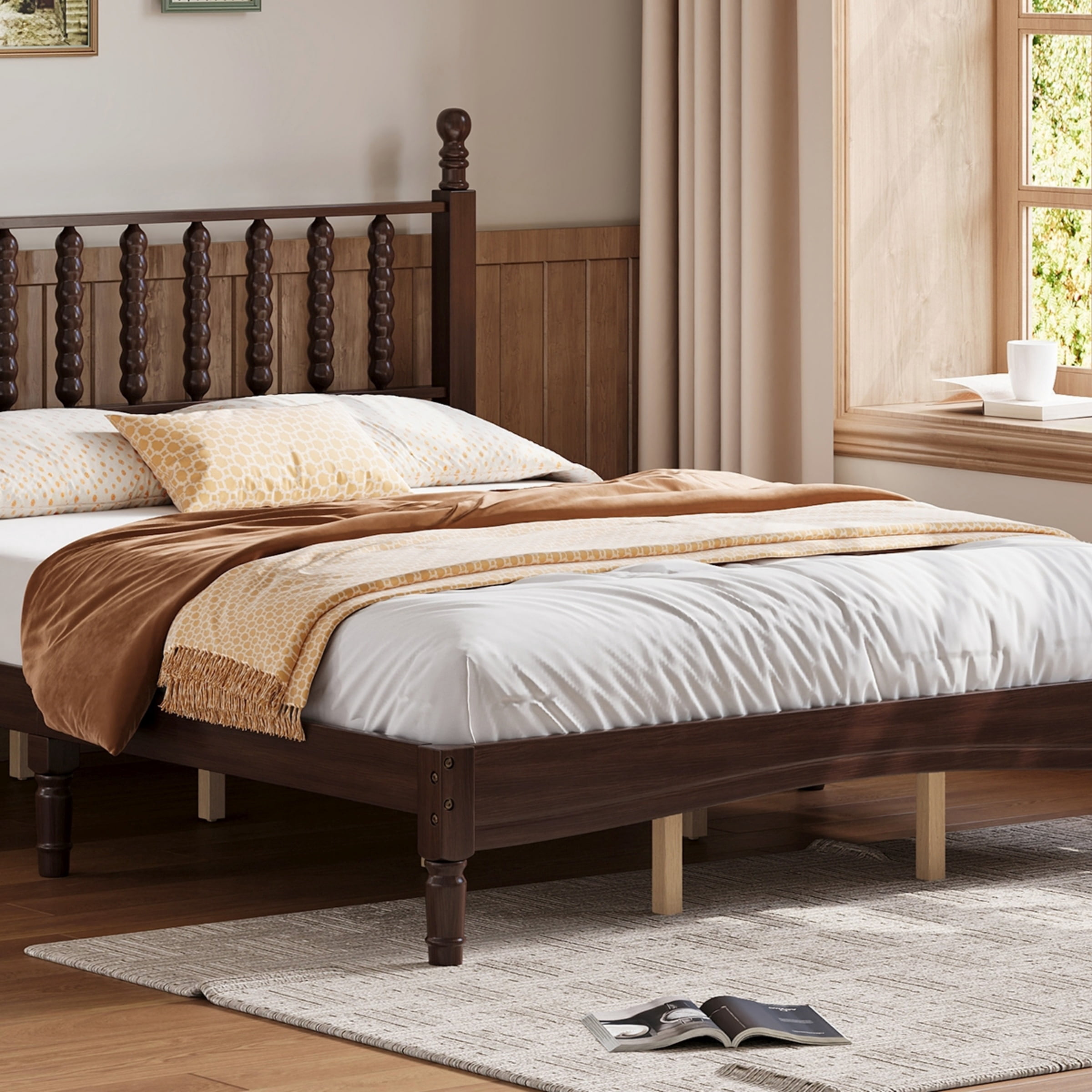 Queen Bed Frame with Headboard,Retro Platform Bed Frame with Spindle Headboard,Solid Wood,for Bedroom,Easy Assembly,84.6"x63.3"x45",Walnut
