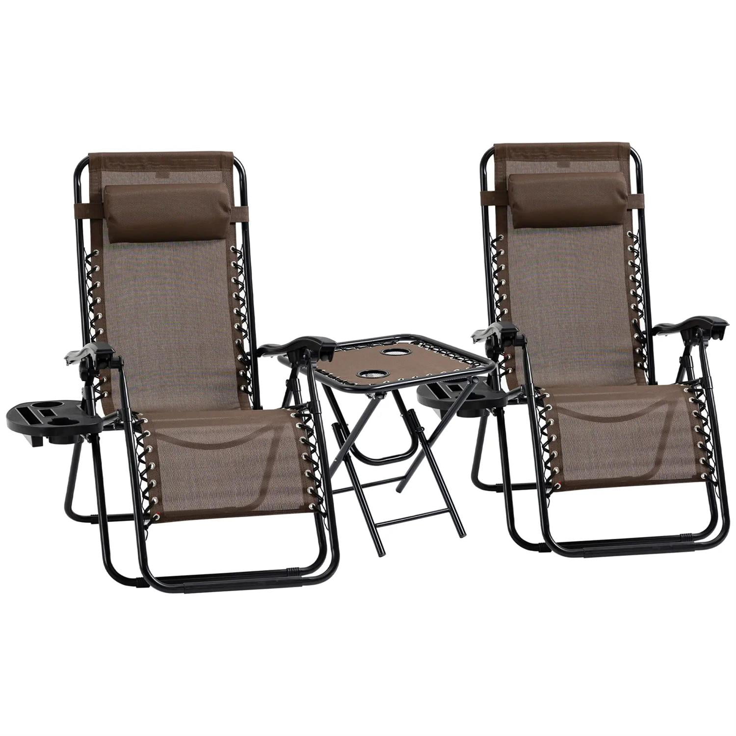 Demi Bonn Outdoor Zero Gravity Chair Set with Side Table, Folding Reclining Chair with Cupholders, Pillows, Adjustable Lounge Chair for Pool, Backyard, Lawn, Brown