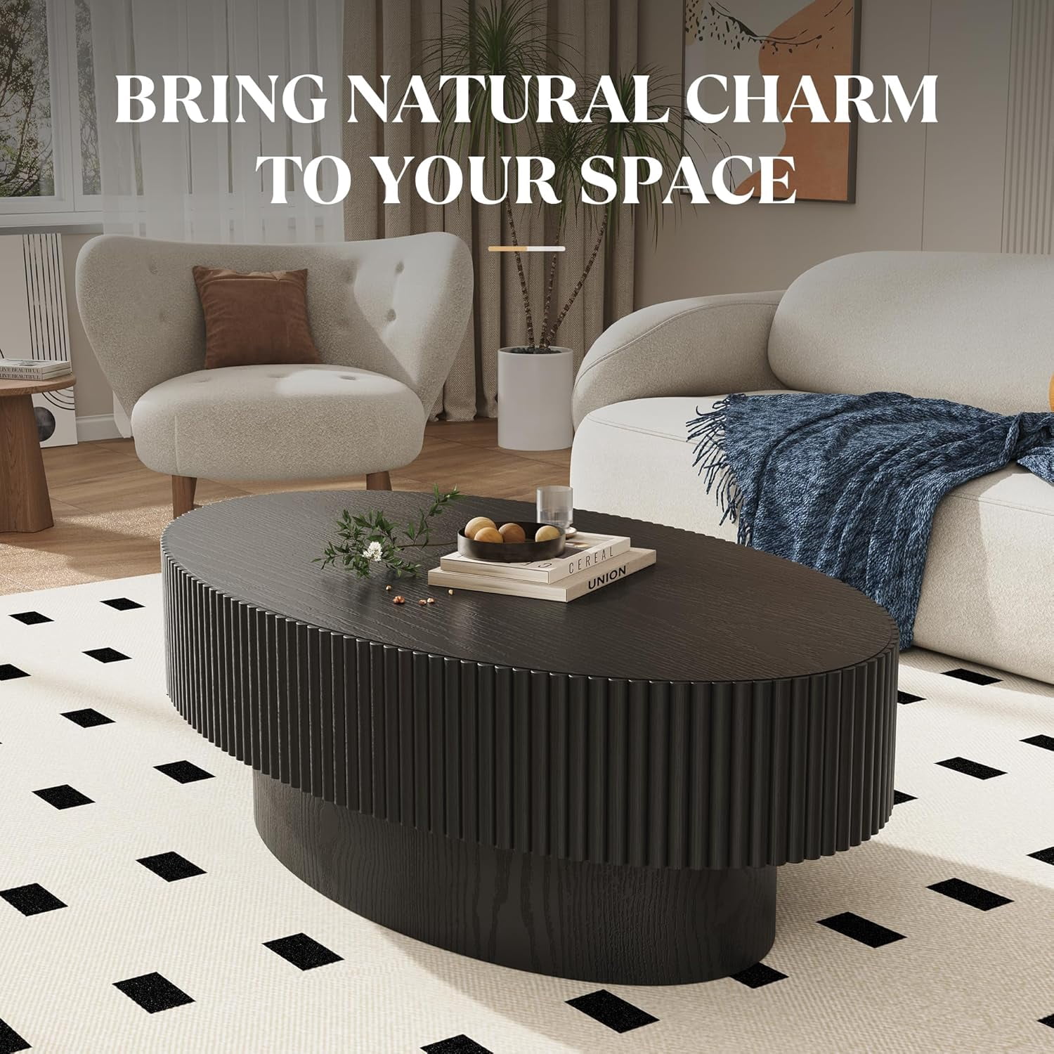 Gelloan 43.7" Olive Shape Wood Coffee Table, Modern Fluted Coffee Table for Living Room, Veneer Handcrafted Relief Tea Table with Sturdy Pedestal,Black