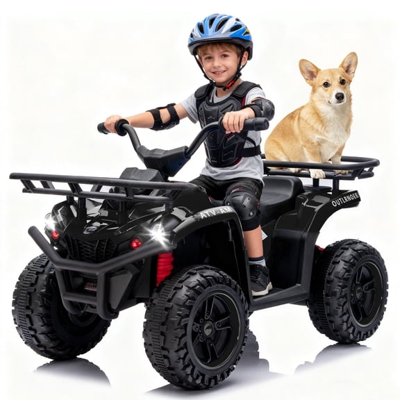 24V Ride on Car, Kids ATV Quad with Bluetooth Music w/Storage Racs, Anti-Slip Tires, 160W Motors, Crash Bars, Power Display, LED Lights & Bluetooth, 24 Volt Ride on Toys for Toddlers Ages 3 , Black