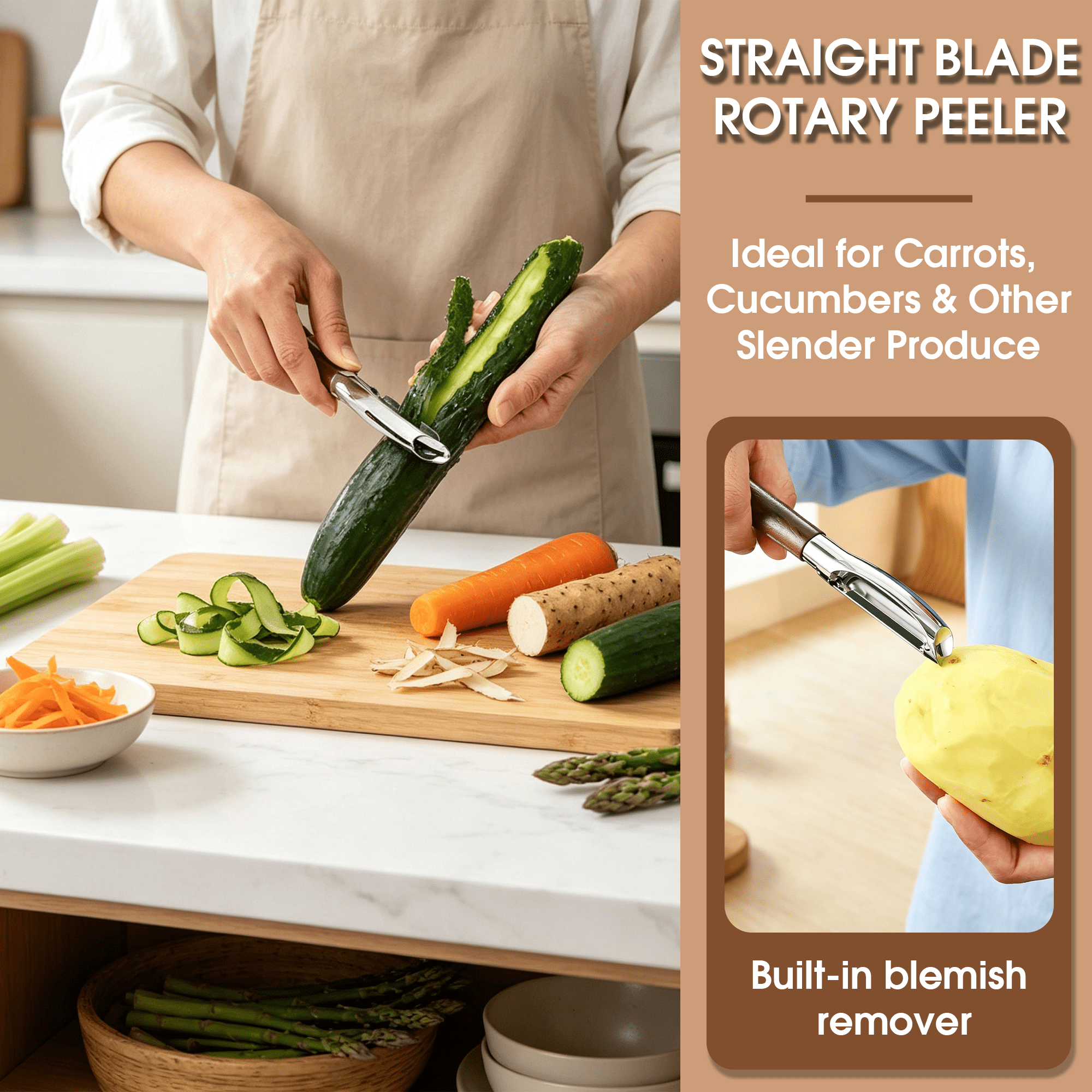 Vegetable Peeler Set of 2 (Straight + Y Peeler), Potato Peelers with Stainless Steel Swivel Blades and Wood Handle, Fruit & Veggie Peeler for Kitchen