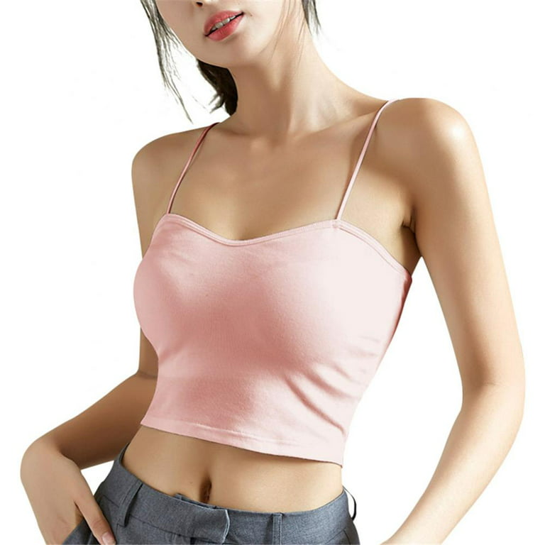 Women's V Neck Spaghetti Strap Cami Padded Crop Tank Top with