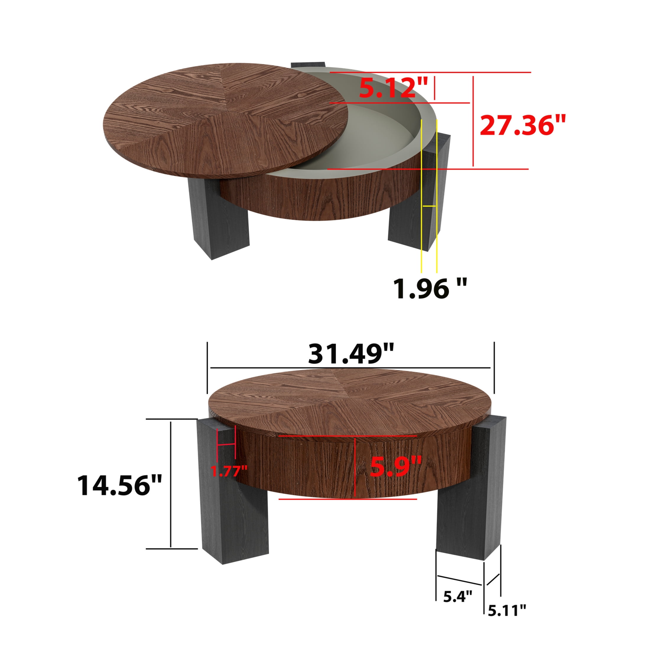 Noble House Lira 33" Round Coffee Table with Hidden Storage, Sturdy Accent Table for Living Room, Small Space, Walnut