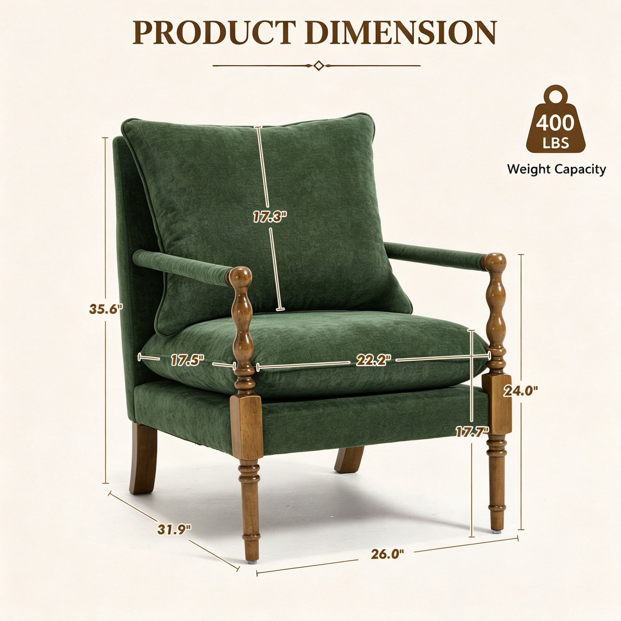 Mid-Century Modern Spindle Armchair,Linen Accent Chair with Cushion & Wood Frame for Living Room Bedroom Office,Emerald