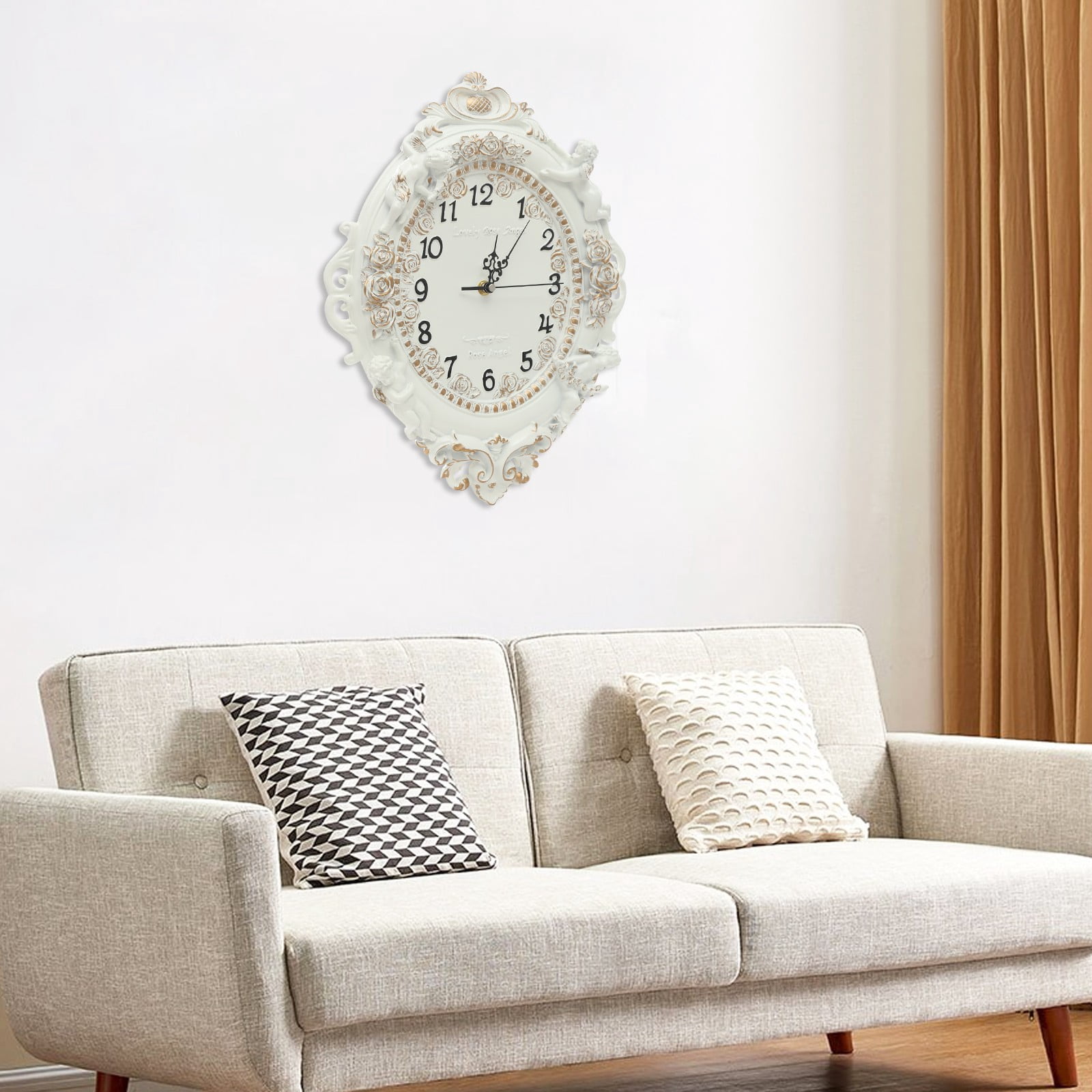 Decorative Wall Clock, European Style Off-White Ellipse Wall Clock for Home and Office Decor, Silent Quartz Movement Resin Wall-Mounted Clock for Living Room