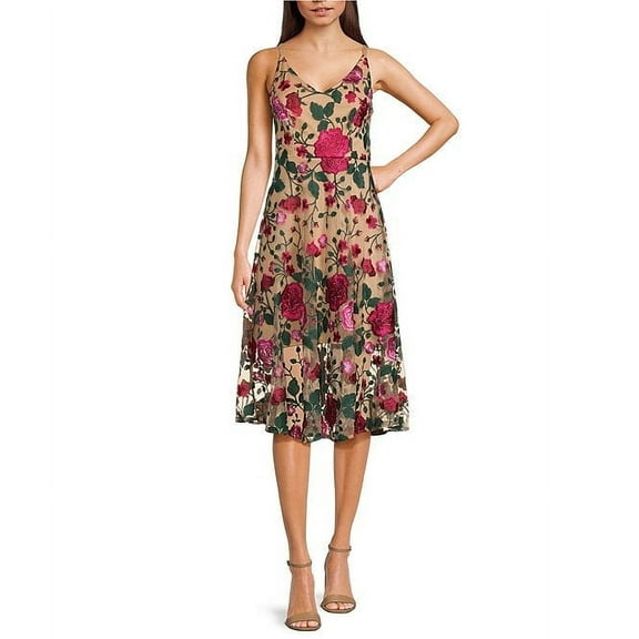 Sam Edelman Floral Embroidered V-Neck Sleeveless Midi A-Line Dress