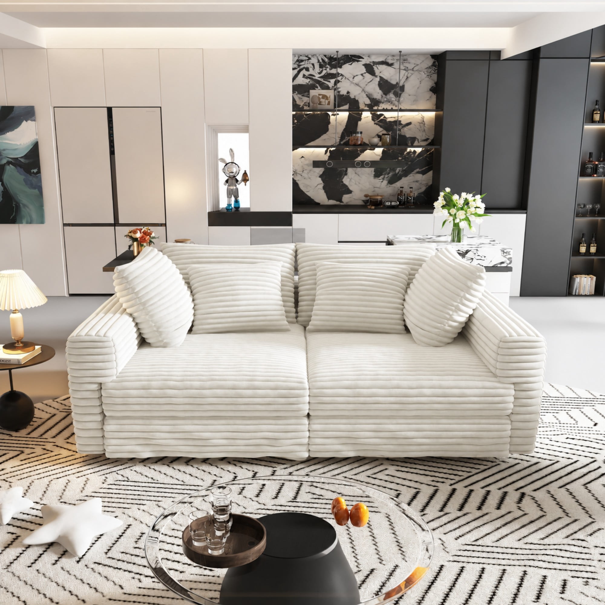 BSHTI 102.4" Corduroy 4 Seater Sofa with Soft Pillows, Deep Seat Modern Convertible Sofa for Living Room & Office(Beige)