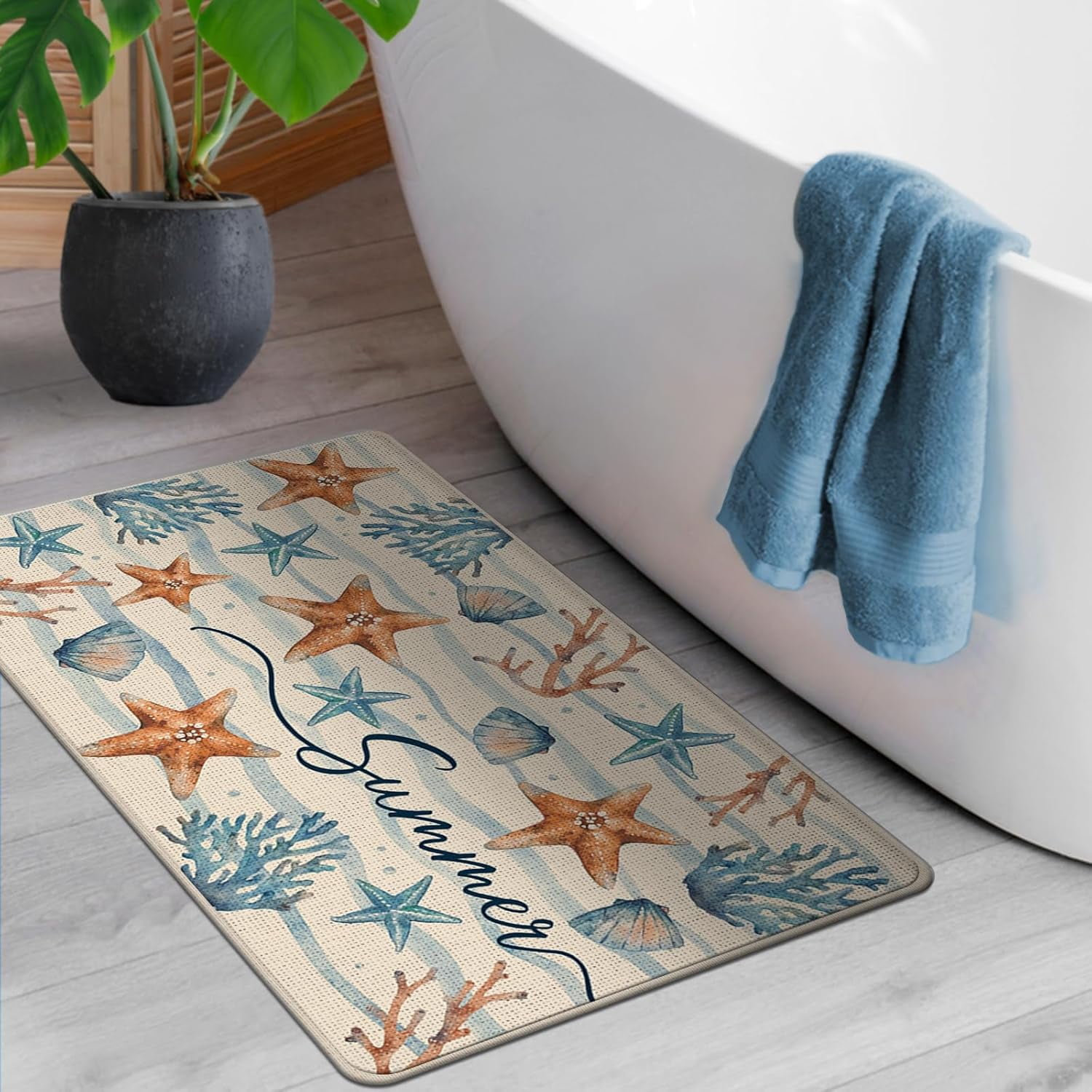 Summer Starfish Shell Coral Decorative Front Door Mat, Beach Coastal Wave Stripes Doormat Indoor Outdoor Non-Slip Floor Entryway Rug, Nautical Seasonal Home Kitchen Decoration 17x30 Inch