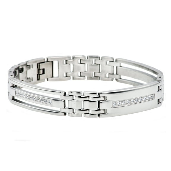 Mens Stainless Steel Link Bracelet With Cubic Zirconia