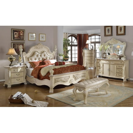 Meridian Monaco Queen Size Bedroom Set 5pcs In Antique White Traditional Style