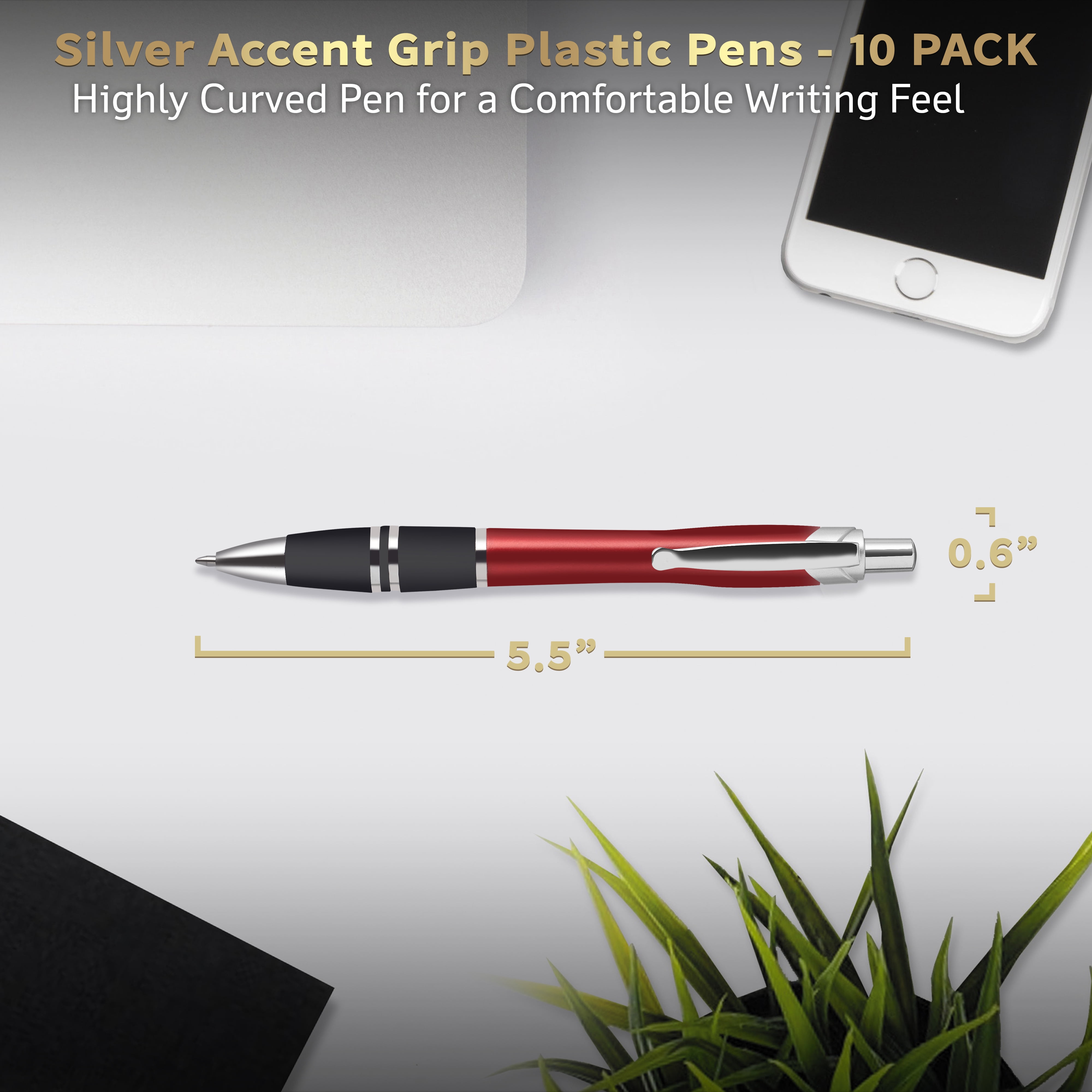 10 Silver Accent Grip Plastic Pens Pack - Click action, Rubber Grip - Red