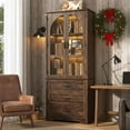 thumbnail image 5 of 75" Tall Pantry Cabinet with 3 Drawers & Adjustable Shelves, Farmhouse Kitchen Storage Cupboard Display Cabinet Bookcase with 2 Arch Glass Doors & LED Lights for Home Office, 5 of 12