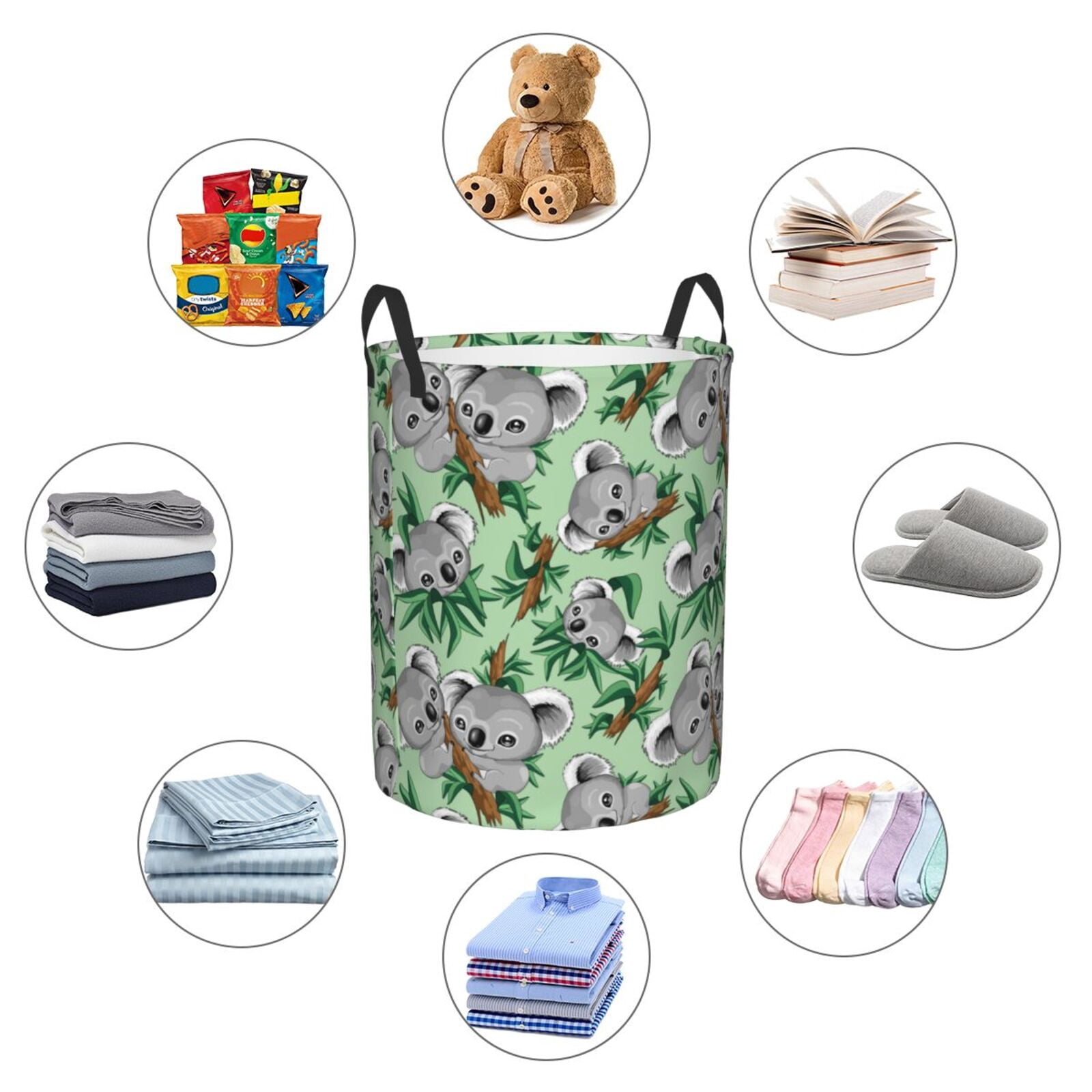 Large Laundry Basket with Handles - Green Gray Koala Print Kids Baby Dirty Clothes Laundry Hamper for Bedroom Aesthetic