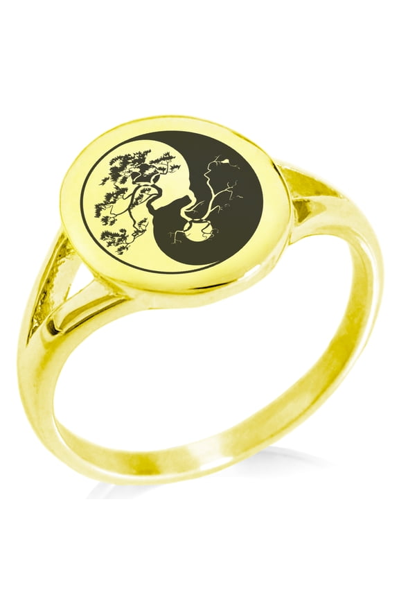 Stainless Steel Bonsai Tree Yin Yang Minimalist Oval Top Polished Statement Signet Ring