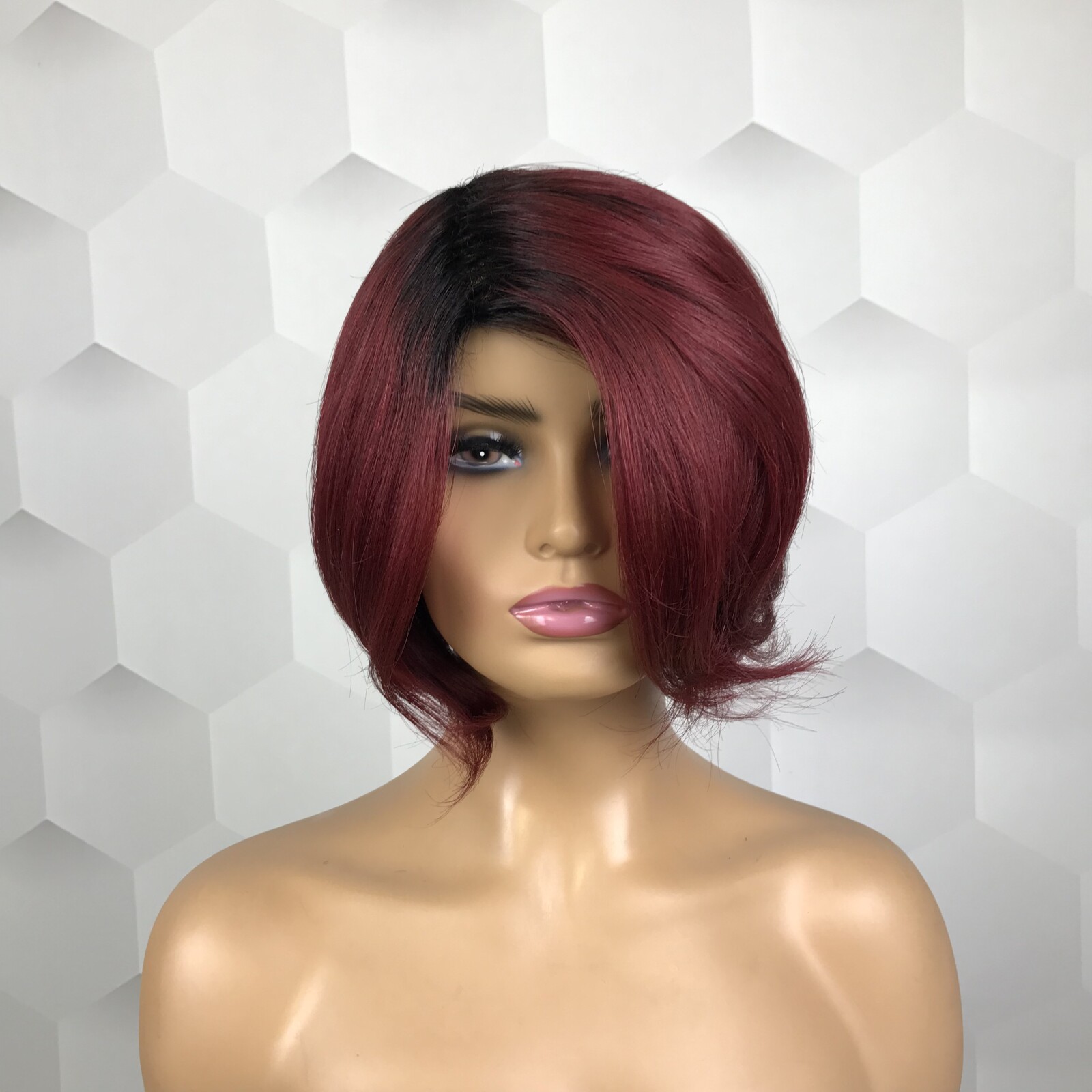 Ombre Butgundy Red Color Short Bob 100% Human Hair Full Machine Made Wig Easy To Put On And Take Off Sport Side Part Pixie Cut Natural Black 99j Remy Brazilian Human Hair No Lace Wig For Women