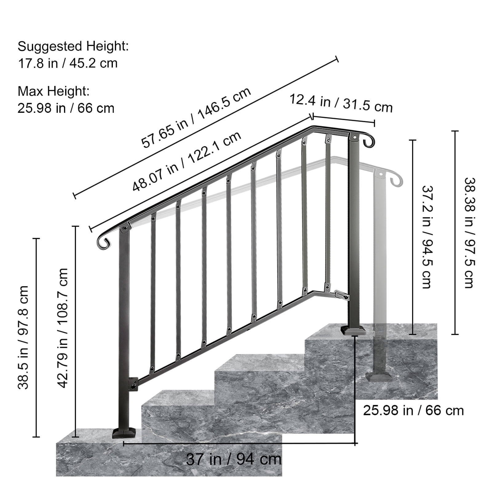 BENTISM Iron Handrail Picket Fits 3 or 4 Steps Stair Hand Rails for Outdoor Garden