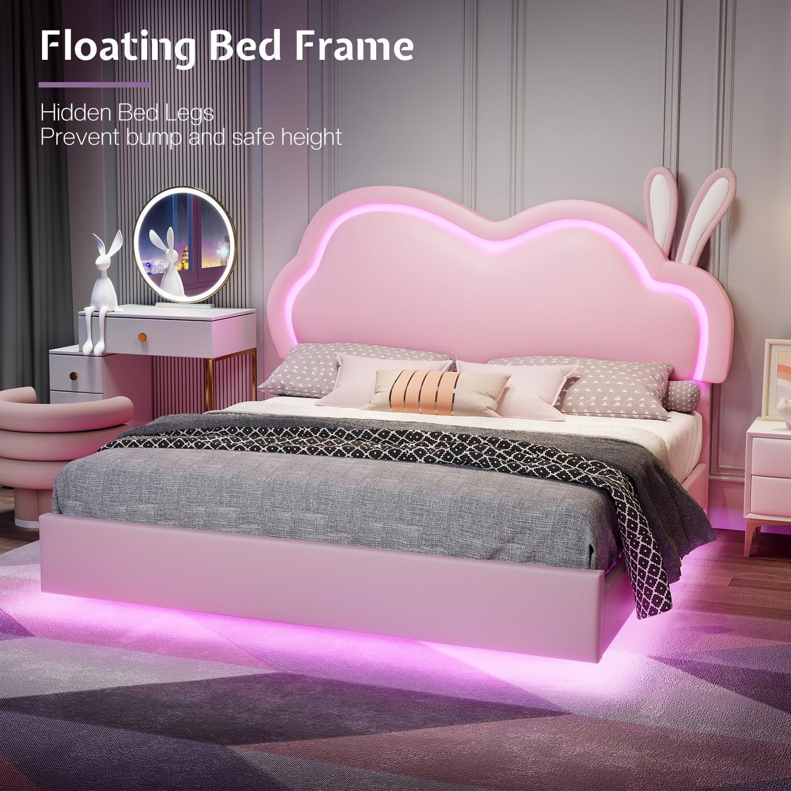 Merluxy Floating Full Bed Frame with Adjustable LED Headboard, Leather Upholstered Platform Bed Frame with Wood Slats Support, Easy Assembly, Pink