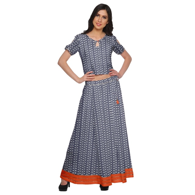 Moomaya Printed Cold Shoulder Cotton Crop Top Skirt Set Party Wear Ethnic Set