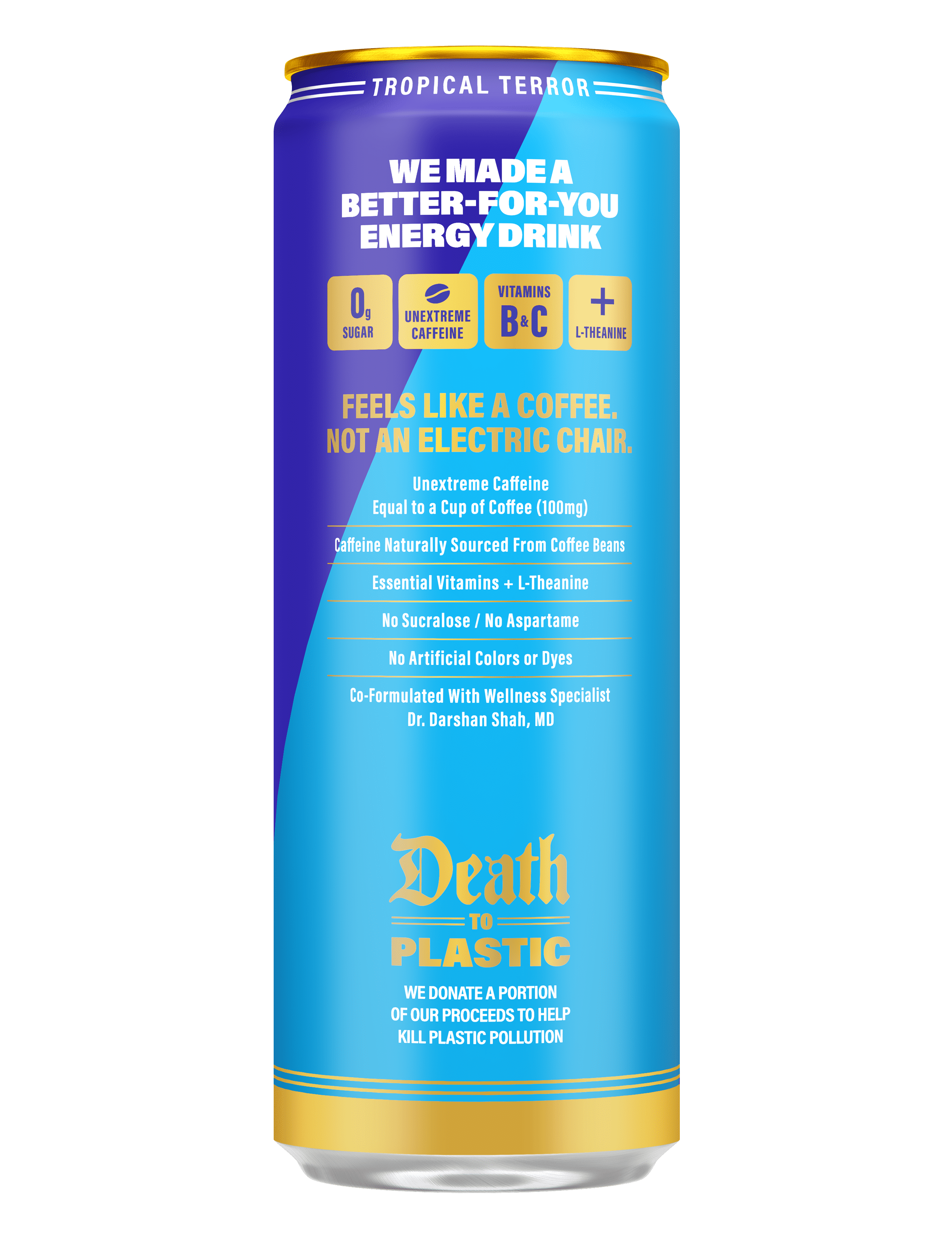 Liquid Death Sparkling Energy - Tropical Terror (Classic Piña Colada), Zero Sugar Energy Drink, Unextreme Caffeine 100mg, Essential Vitamins, 12 fl oz