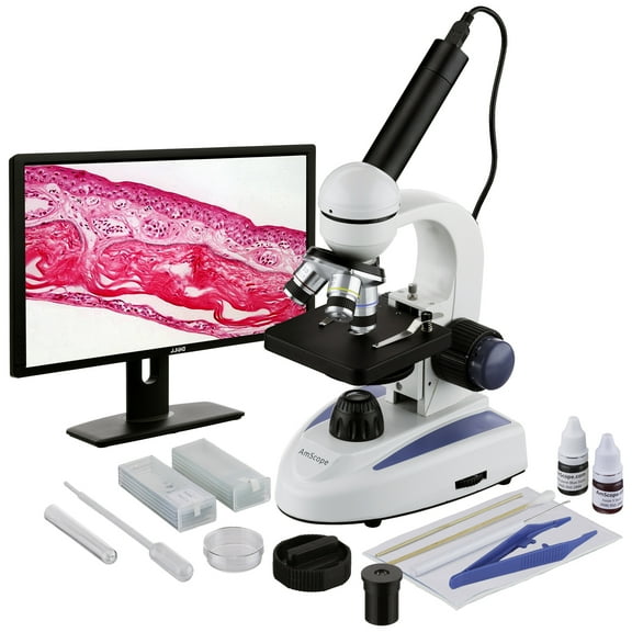 amscope 40x-1000x biology science metal glass student microscope with usb digital camera and slide preparation kit