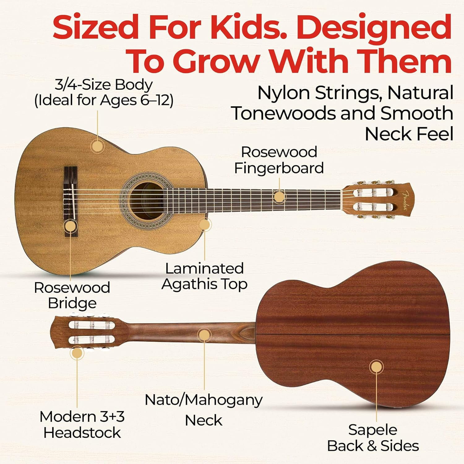 Fender FA-15N 3/4-Size Kids Classical Guitar - Natural Learn-to-Play Bundle with Gig Bag, Tuner, and Austin Bazaar Instructional DVD