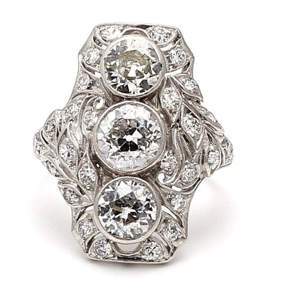 Antique Cocktail Promise Proposal Ring, European Three Stone Art Deco Anniversary Ring, 2.2 Ct Round Cut Simulated Diamond, 925 Sterling Silver, Bezel Set Vintage Ring For Special Occasion