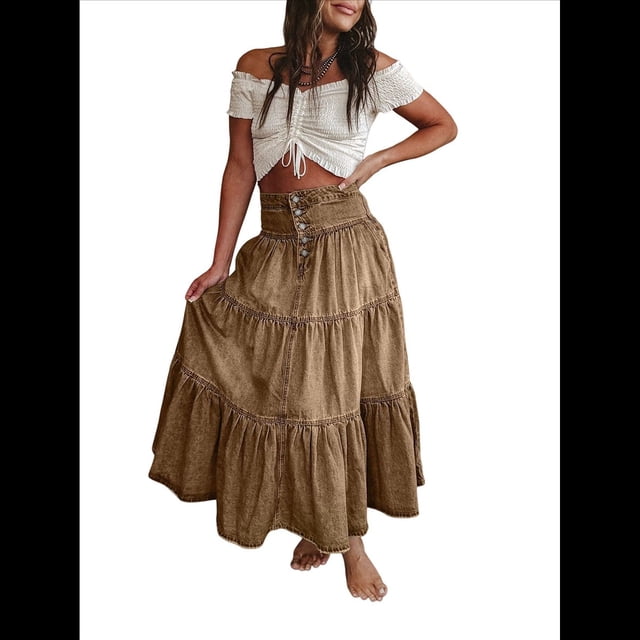 Vestido Bohemio para Mujer, con Cintura Alta, Volantes, Fluido, con Volantes Escalonados, Corte A, para Playa. Marrón Oscuro S