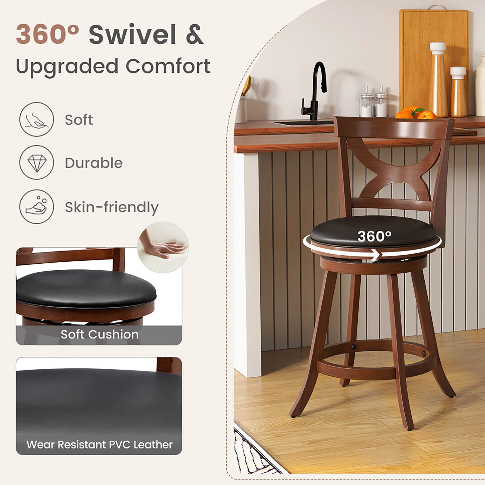 Gymax 4pcs 24'' Bar Stools 360° Swivel Counter Height w/ PVC Leather Cushioned Seat