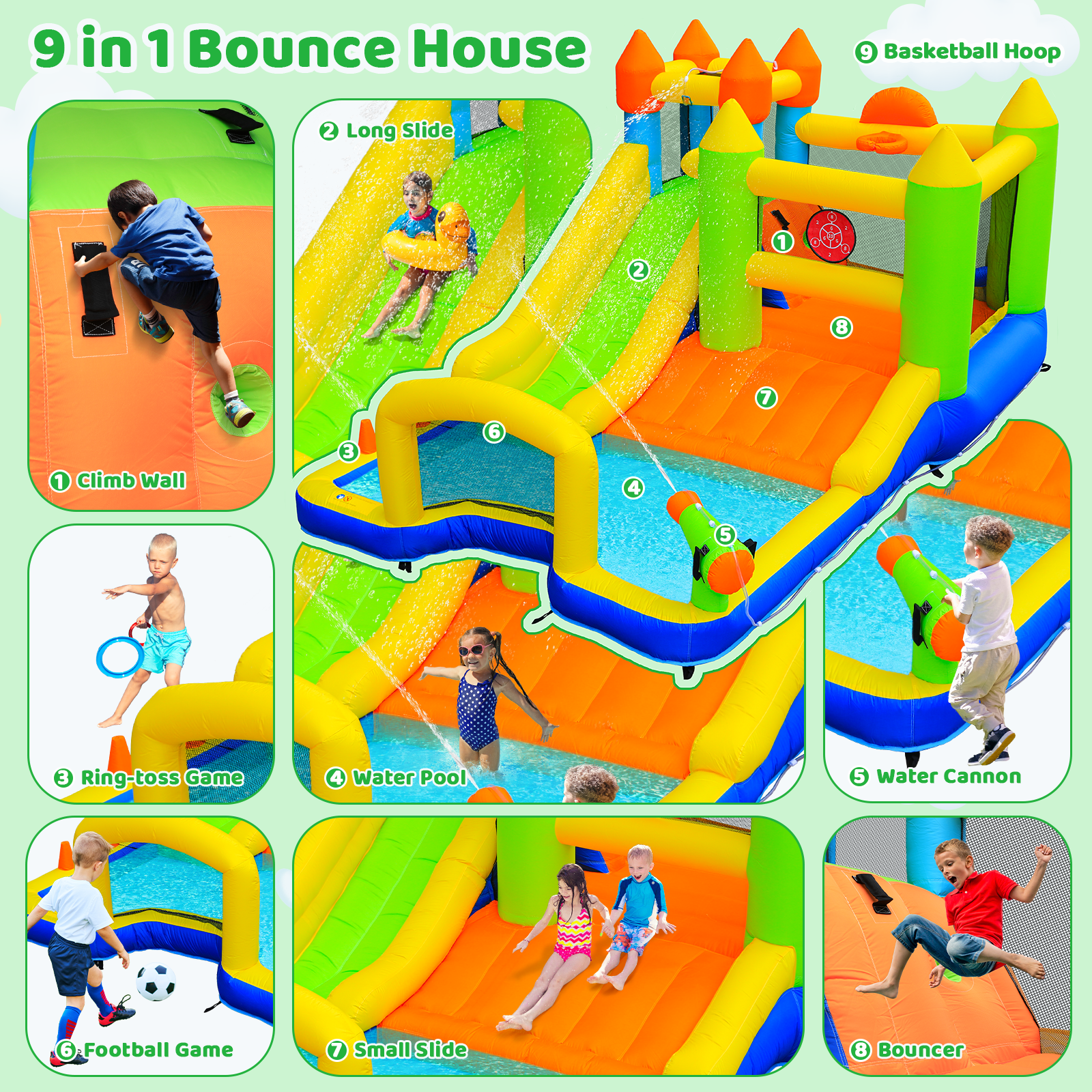 LAZY BUDDY Inflatable Water Slide Kids Bounce House with Splash Pool, Water Cannon, Climbing Wall, Blower & Basketball for Children Indoor / Outdoor Play