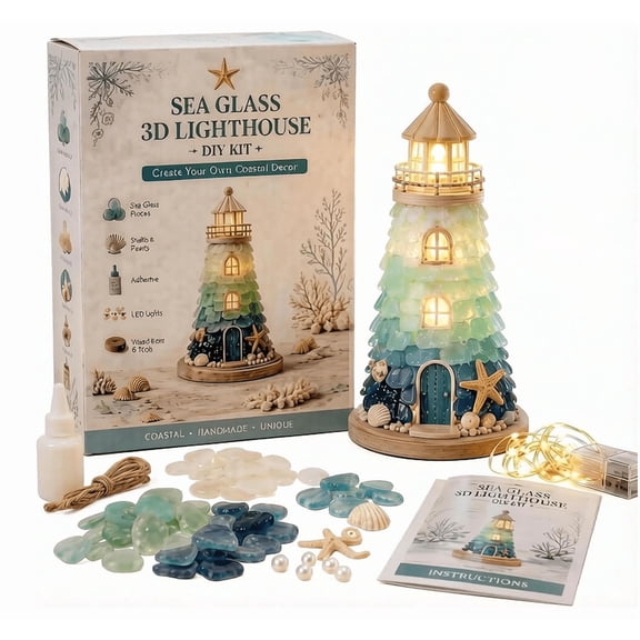 Beginner-Friendly DIY Lighted Sea Glass-Style Lighthouse Kit Collection – LED Lighthouse Craft with Shells Pearls, Handmade Coastal Decor Gift for Craft Lovers
