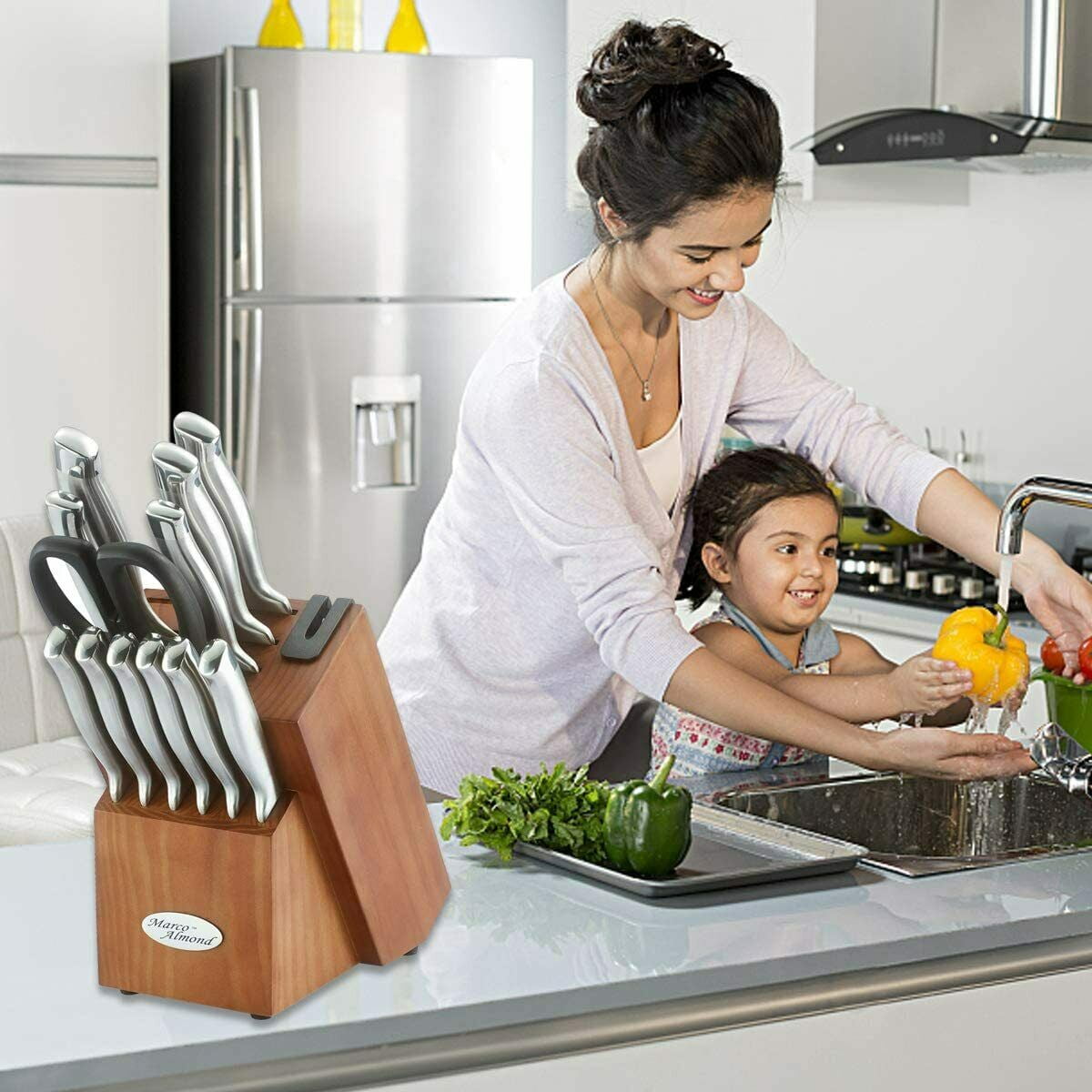 Marco Almond KYA26 14-Piece Knife Block Set with Built-in Sharpener,Stainless Steel knife set