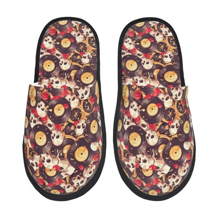 

Fuzoiu Skull record lips Print Unisex Furry Slippers Plush Indoor Shoes Trendy House Slippers Anti-Skid EVA Sole House Shoes for Home Office and Travel -Large