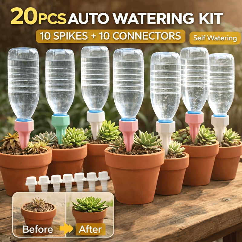 20-Piece Automatic Plant Watering System with Adjustable Flow Drip Emitters - No External Power Required, Plastic Drip Irrigation Kit for Indoor and Outdoor Potted Plants, Balcony Gardens,