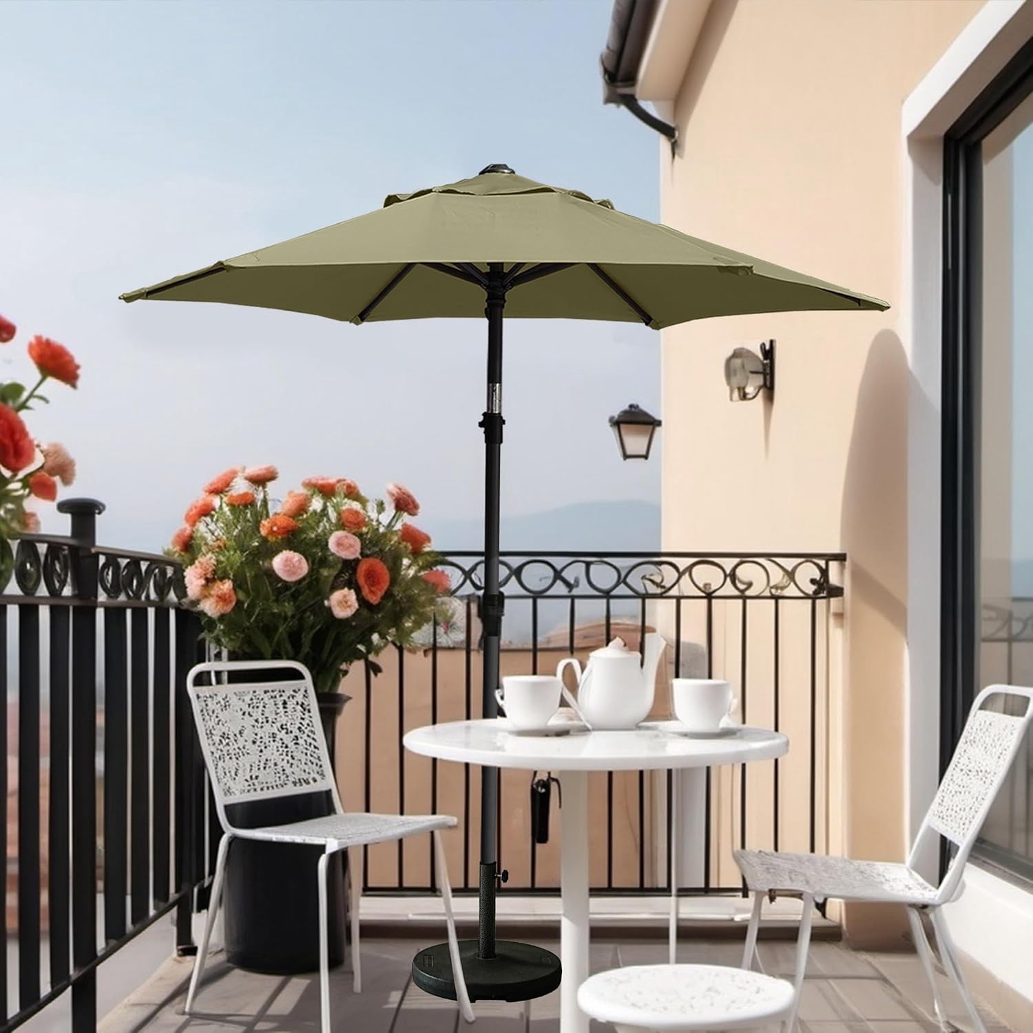 AMMSUN 6ft Round Patio Umbrella, Khaki, Push Up & Tilt Small Outdoor Market Umbrella for Pool Lawn Balcony Garden