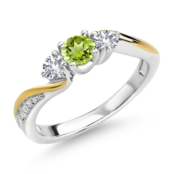 Gem Stone King 925 Silver and 10K Yellow Gold Green Peridot White Created Sapphire and White Lab Grown Diamond 3 Stone Engagement Ring for Women (0.59 Cttw, August Birthstone, Size 7)