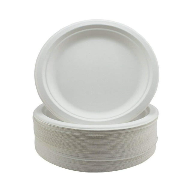 50pcs Rigid Paper Plates - Extra Strength White Disposable Bagasse Sugarcane Plates - Eco-friendly, Biodegradable