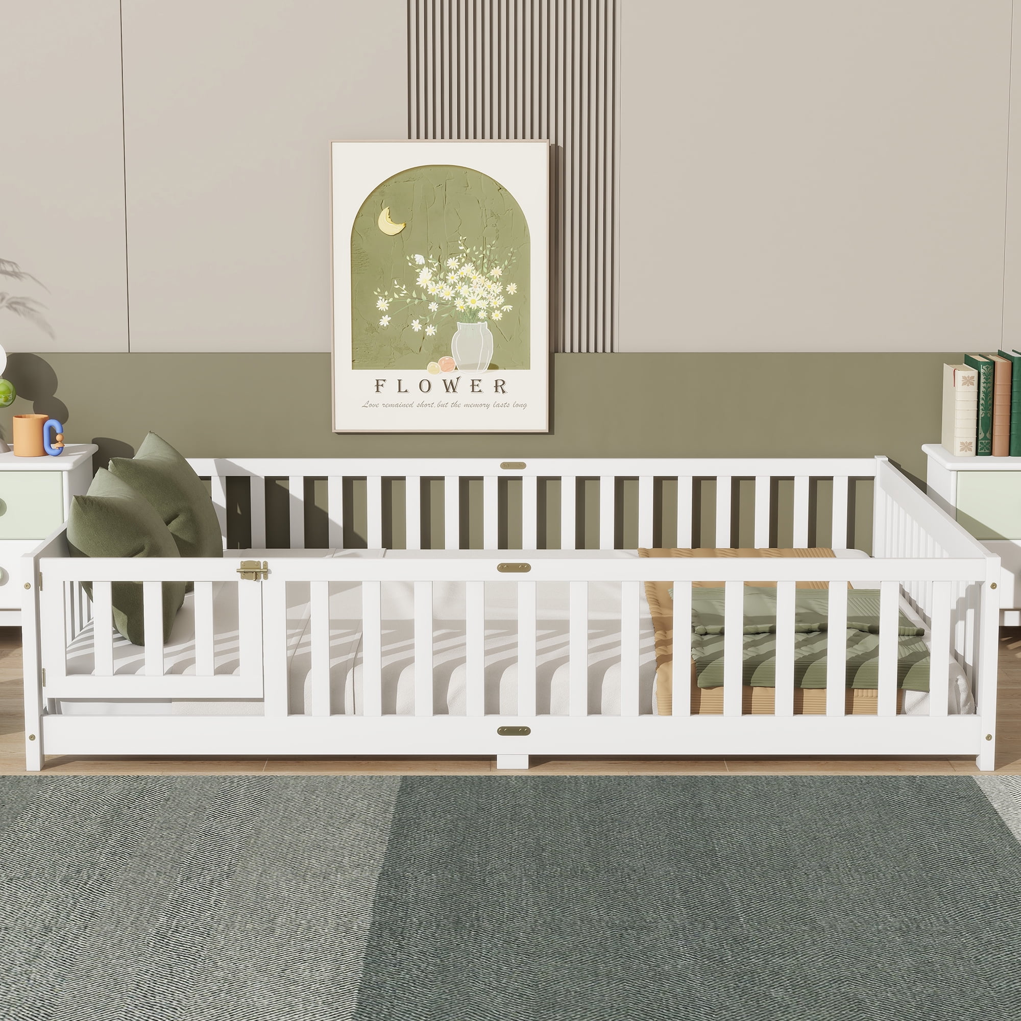Sailvan Queen Floor Bed with Fence and Door, Solid Wood Kids Platform Bed Frame White