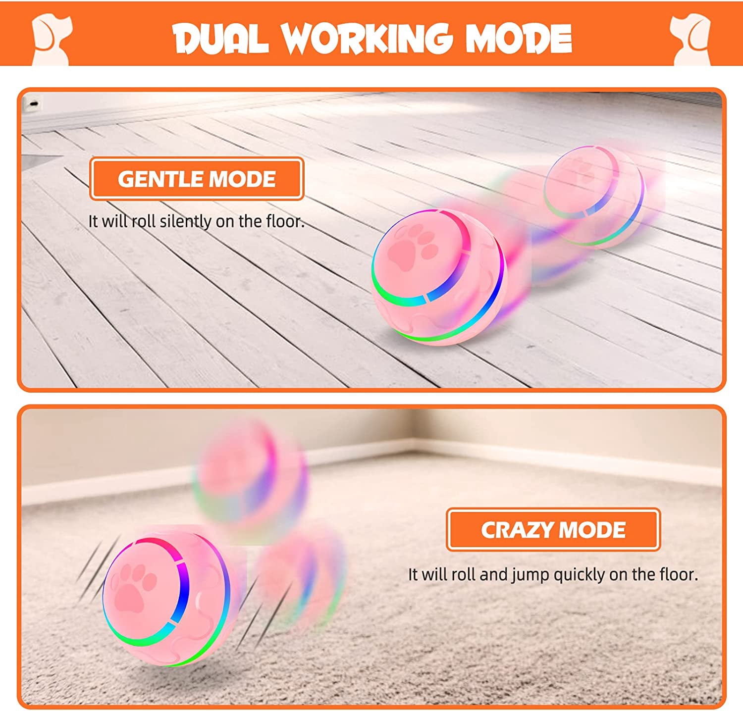 Interactive Dog Ball Toys, Pet Ball for Dogs, Durable Automatic Rolling Ball with Led, Flash Lights for Small Medium Dogs Breed, Wicked Ball with Motion Activat BPA-Free USB Rechargeable (Pink)