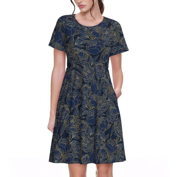 Disketp Golden Peonies para Vestido de Manga Corta para Mujeres, Vestidos de Verano para Mujeres, Casual y Holgado para la Playa