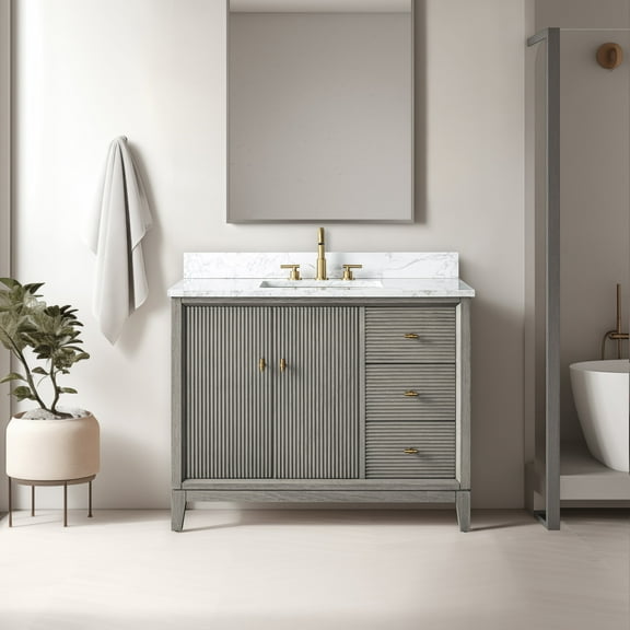 Vanity Art 42" Bathroom Vanity with Sink and Engineered Marble Top, Freestanding Storage Cabinet with 2 Drawers, 1 Shelf and Flip Down Tray