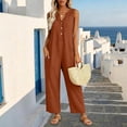 thumbnail image 2 of Womens cotton linen Jumpsuits One Piece Overalls Button Down Sleeveless Wide Legs Rompers Solid Color Casual Daily Jumpsuits with Pockets, 2 of 8