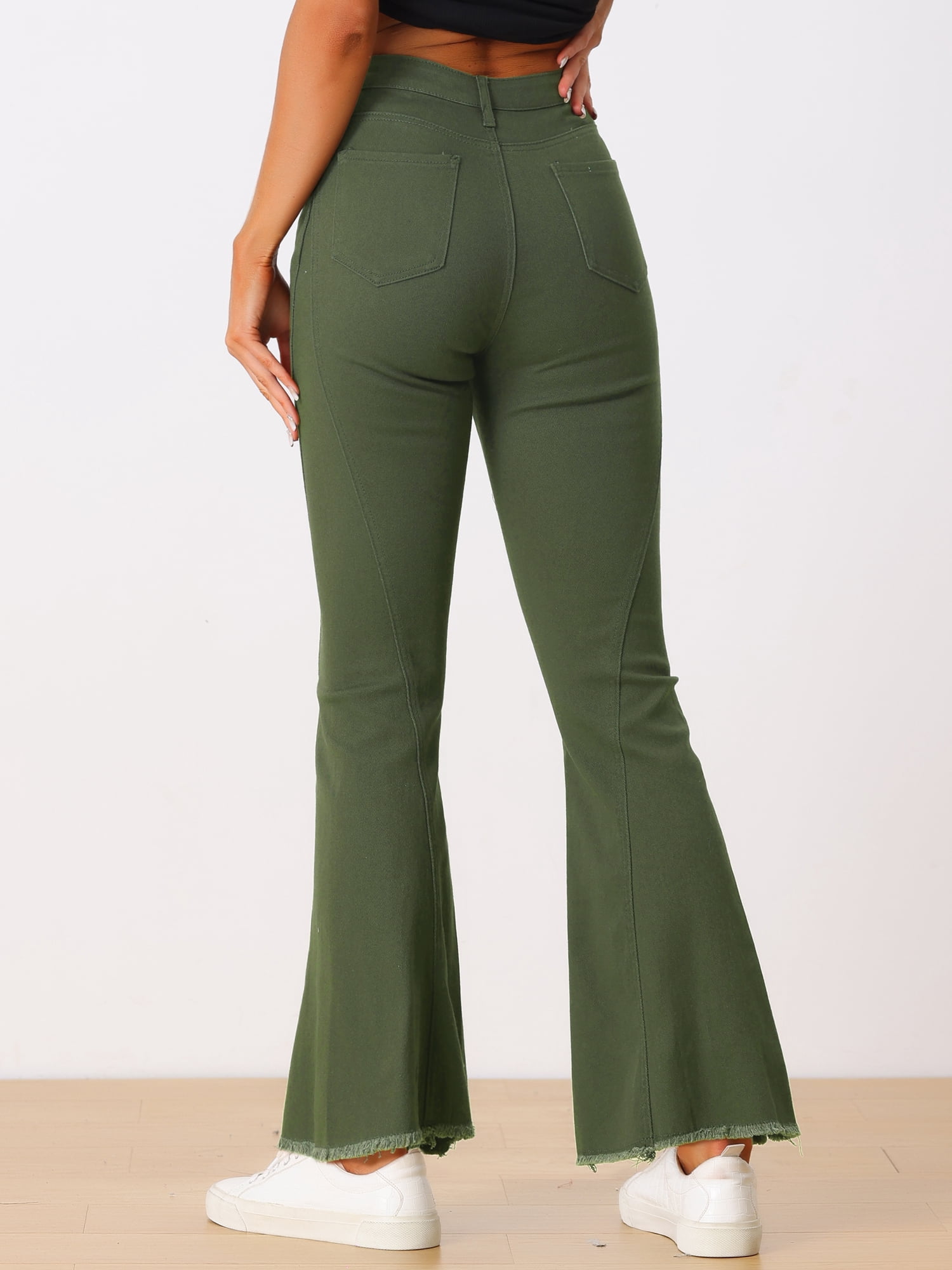 DARING DIVA Women's Flare Denim Pants High Waist Stretch Bell Bottoms Jeans S Army Green