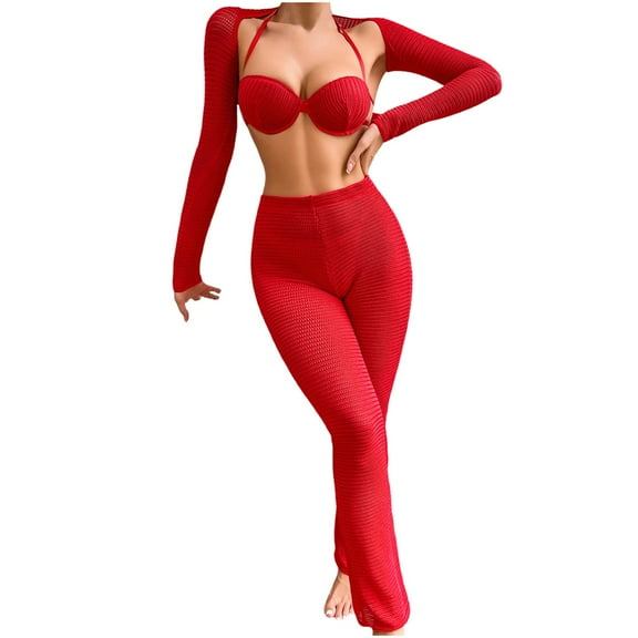 Tao Tao Birthday Outfits For Women 4 Piece Outfits Clubwear Mesh See Through Crop Top Bodycon Flare Pants Set Red S