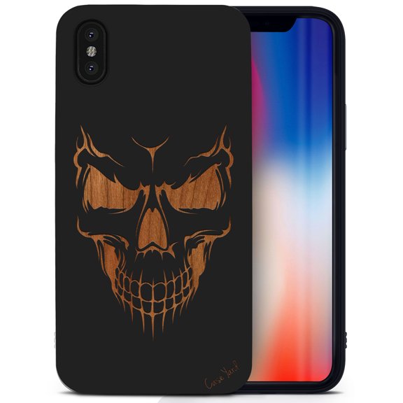 Case Yard Wooden Case for iPhone-XS-Max Soft TPU Silicone cover Slim Fit Shockproof Wood Protective Phone Cover for Girls Boys Men and Women Supports Wireless Charging Scary Skull Design