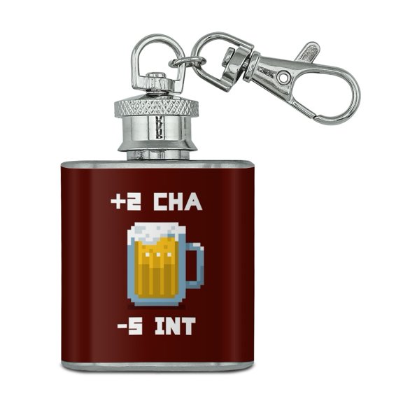 8-Bit Pixel Retro Beer Charisma Buff Gamer Game Stainless Steel 1oz Mini Flask Key Chain