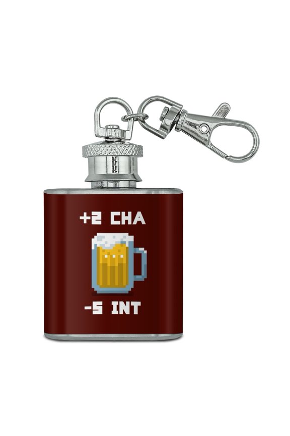 8-Bit Pixel Retro Beer Charisma Buff Gamer Game Stainless Steel 1oz Mini Flask Key Chain